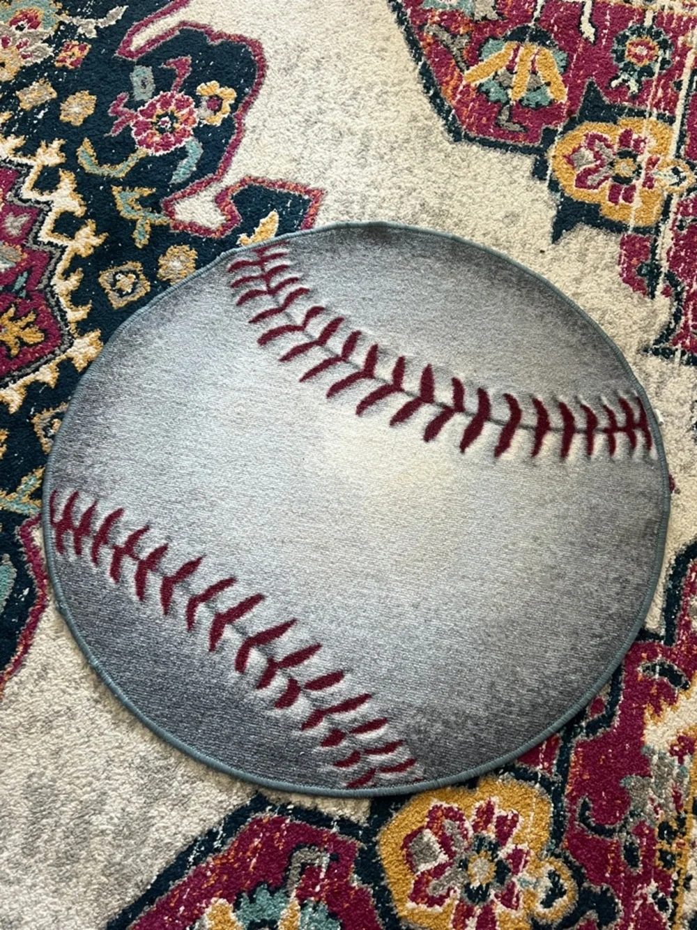 Gray Baseball Accent Rug with Red Stitching - Home Accents